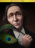 A severe old man with a large nose, sunken eyes, and hair down past his ears. His cheeks are hollow and his mouth dour. He wears a black jacket and white shirt, and holds a quill made from a vibrant peacock feather in his hand.